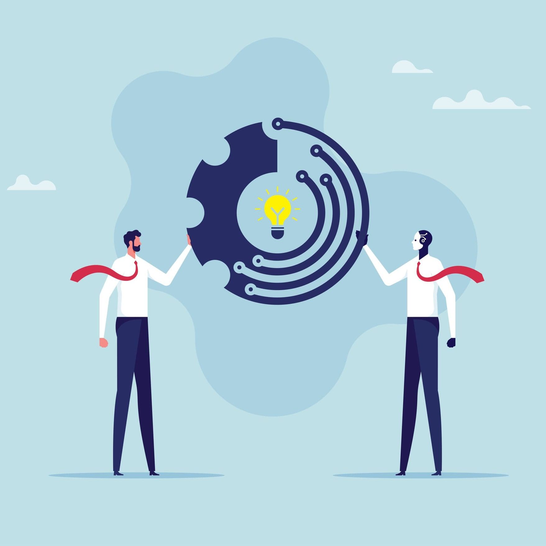 Human and artificial intellect working together, future business reality concept, businessman matching idea with artificial intelligence or technology futuristic